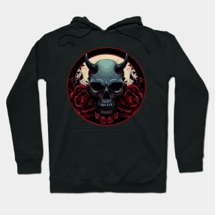 Dark scary skull with red rose flowers in a circle Halloween Hoodie